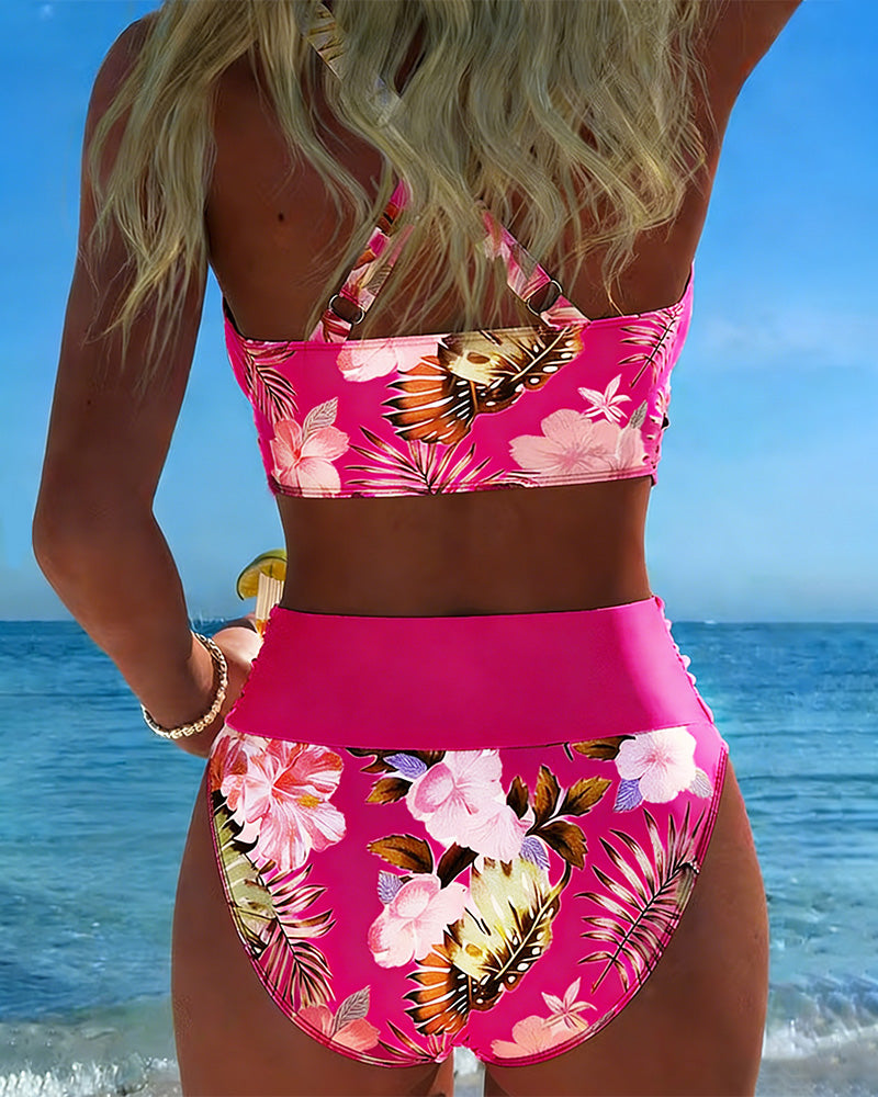 Bikini con stampa floreale a contrasto e spacco