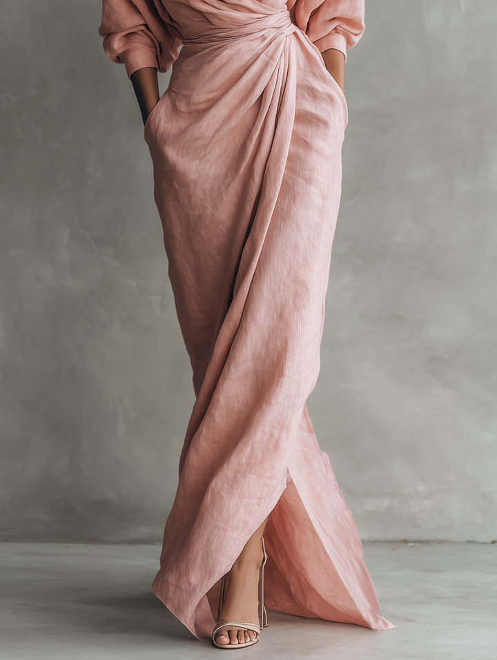 Isabel - Abito lungo minimalista rosa con scollo a V in misto lino da donna