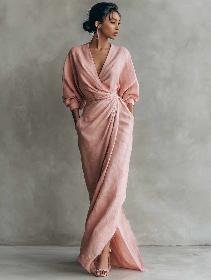 Isabel - Abito lungo minimalista rosa con scollo a V in misto lino da donna
