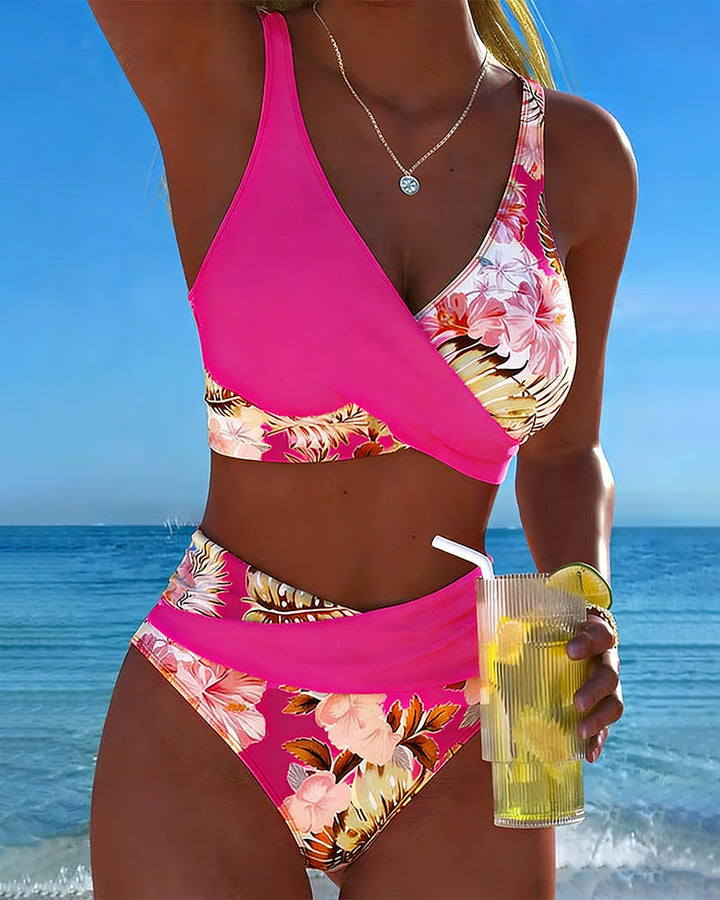 Bikini con stampa floreale a contrasto e spacco
