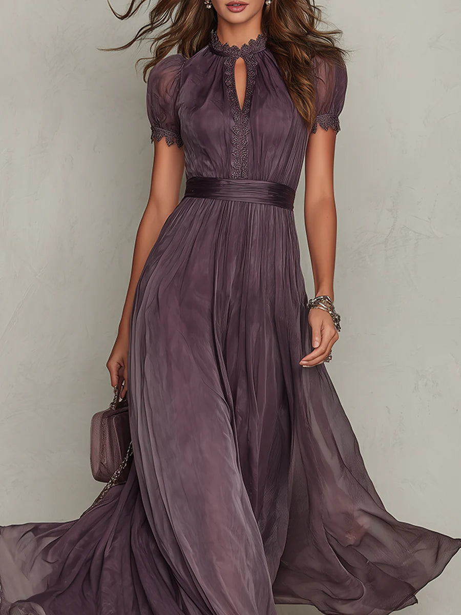 Flavia - Abito lungo viola con scollo a goccia e bordo in pizzo di chiffon