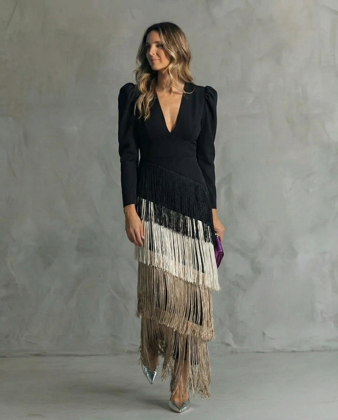Alessia - Elegante abito midi con maniche a frange