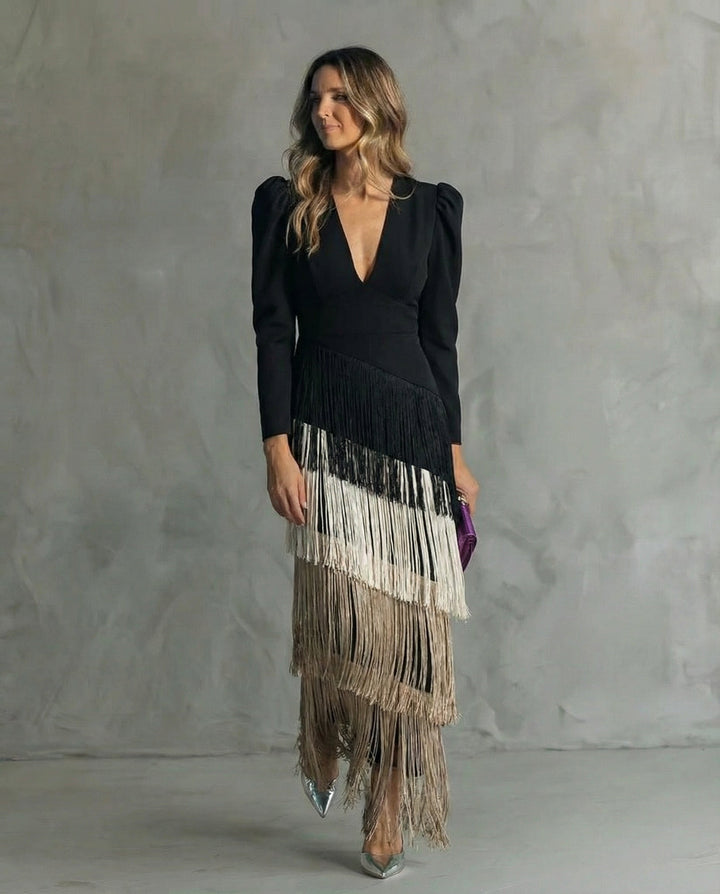 Alessia - Elegante abito midi con maniche a frange