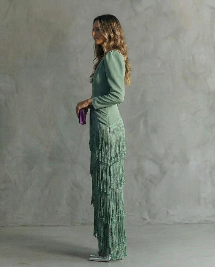 Alessia - Elegante abito midi con maniche a frange