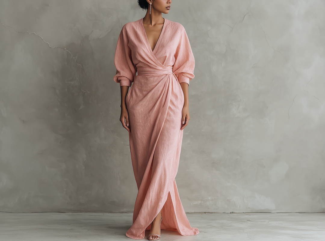 Isabel - Abito lungo minimalista rosa con scollo a V in misto lino da donna