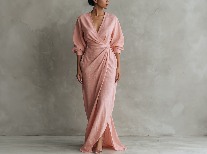 Isabel - Abito lungo minimalista rosa con scollo a V in misto lino da donna