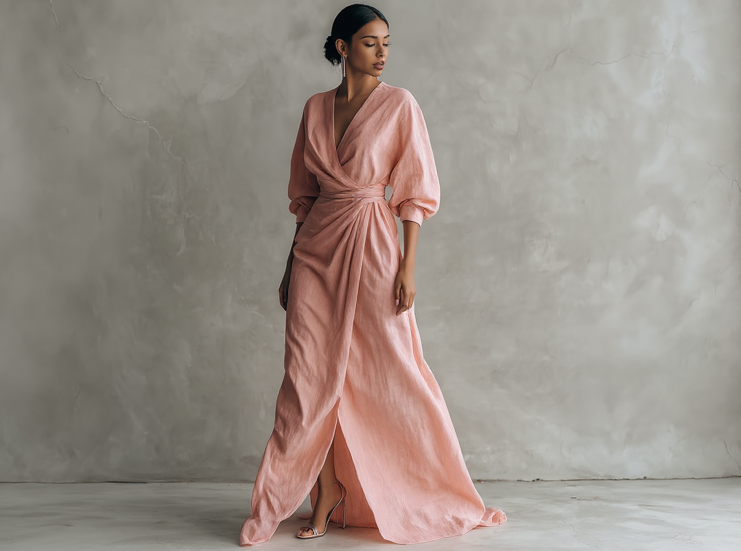 Isabel - Abito lungo minimalista rosa con scollo a V in misto lino da donna