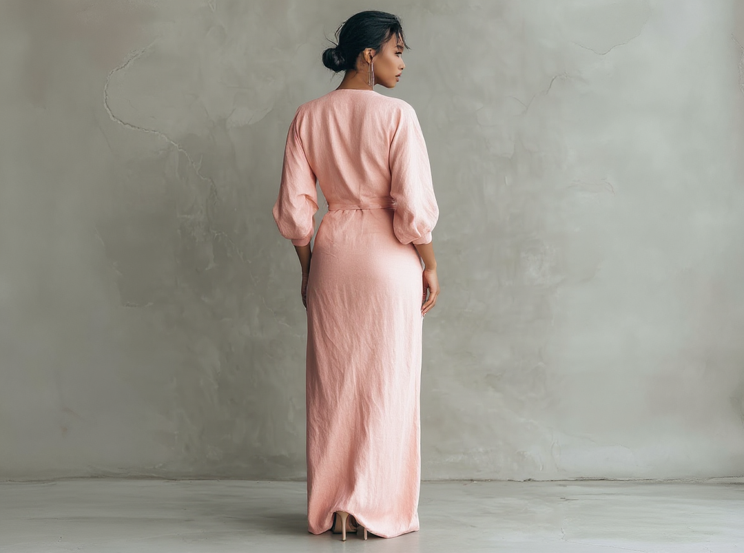 Isabel - Abito lungo minimalista rosa con scollo a V in misto lino da donna